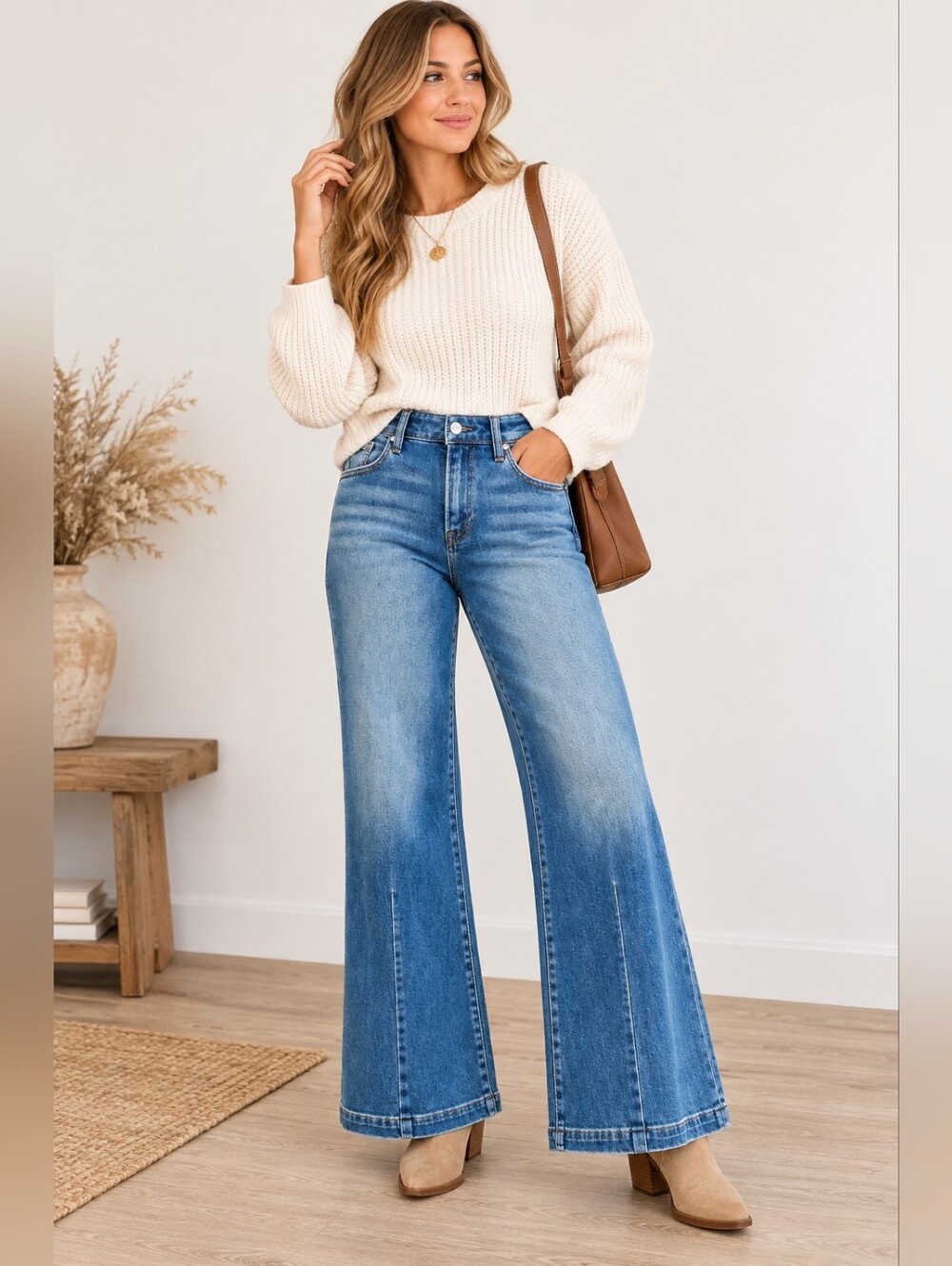 RISEN Women's Wide Leg Flared Jeans Modern Retro Stretch MR Dark Various NEW